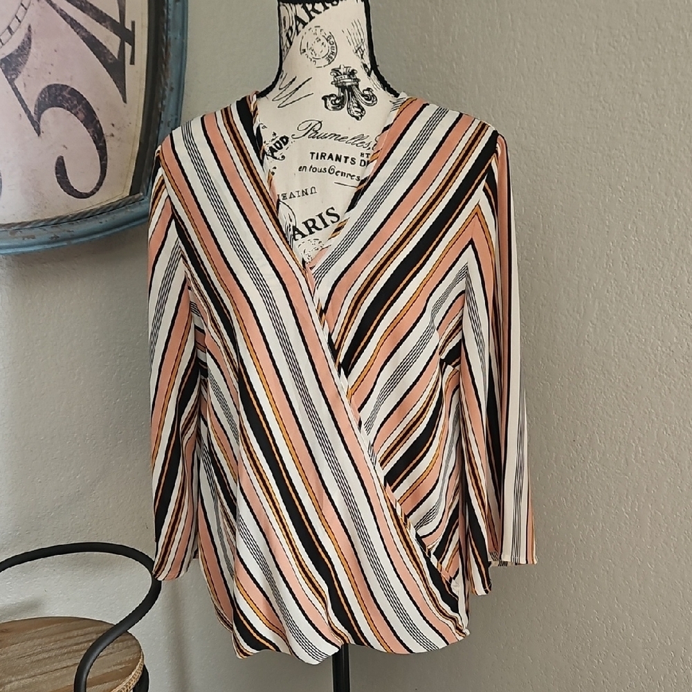 Striped V Neck Wrap Blouse Multicolor